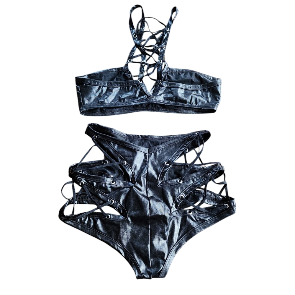 New- Mapale Lingerie Leather Look Strappy Bra with Matching Brief - Picture 6 of 13